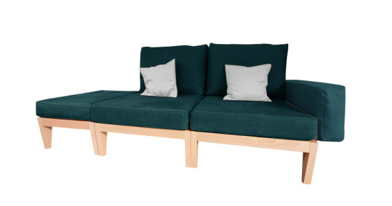 Canapé en bois naturel avec assises, dossiers et tissu certifiés BIO. Un salon made in France au design scandinave épuré et robu