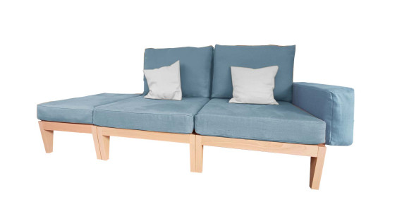 Canapé modulaire en bois naturel clair avec assises et dossiers en chanvre bleu BIO, style contemporain, très modulable Made in