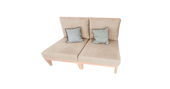 Canapé ou 2 chauffeuses indépendantes en bois naturel avec assise beige et dossiers coussins, lin, kapok, latex BIO, légères à d