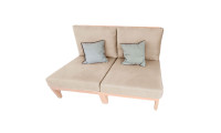 Canapé ou 2 chauffeuses indépendantes en bois naturel avec assise beige et dossiers coussins, lin, kapok, latex BIO, légères à d