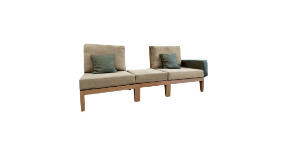 Canapé modulable en bois naturel clair avec coussins en lin beige, ambiance nature et saine, Made in France.