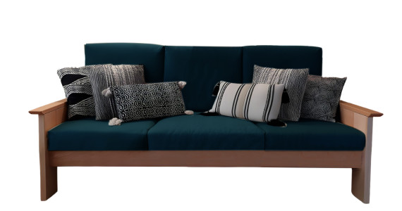 Canapé en bois naturel de hêtre français et tissu en chanvre bleu pétrole. Sans traitement, sans COV, ni formaldéhyde. Made in F