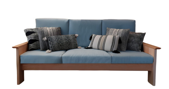 Canapé en bois massif et chanvre bleu ardoise déhoussables. Assise en latex naturel, style chaleureux et Made in France bio et z