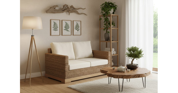 Petit canapé bio naturel et confortable dans un salon lumineux avec plantes, bois massif et décoration naturelle.