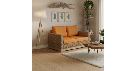 Canapé 2 places en rotin avec coussins orange, salon naturel et lumineux, table basse bois, étagère et plantes.