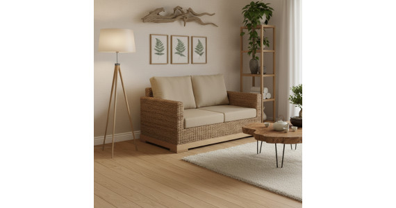 Canapé petit et confortable en rotin naturel avec coussins beige en lin français BIO, salon écologiste et chaleureux, déhoussabl