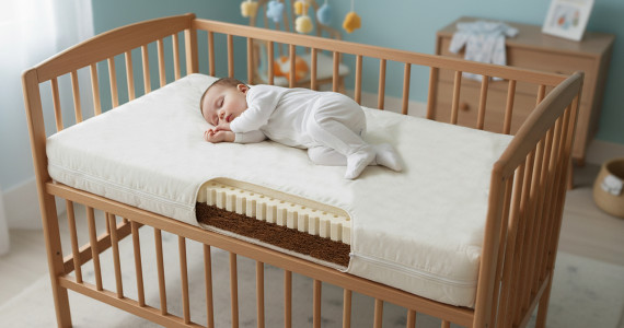 Un bébé qui dort sur un matelas en latex et fibre de coco - matériaux intérieurs visibles