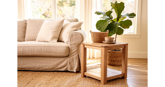 Petit meuble bas en bois au naturel, posé près d'un canapé beige dans un salon lumineuse, avec panier et plante sur la table.