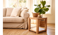 Petit meuble bas en bois au naturel, posé près d'un canapé beige dans un salon lumineuse, avec panier et plante sur la table.