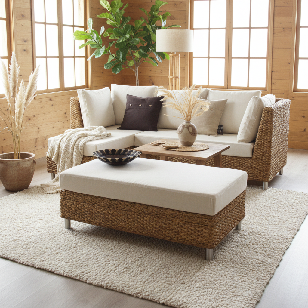 Canapé-lit en rotin avec coussins et couverture bleue, prêt à être utilisé comme couchage. Comment choisir la couleur des murs de son salon est pertinent pour l’agencement.