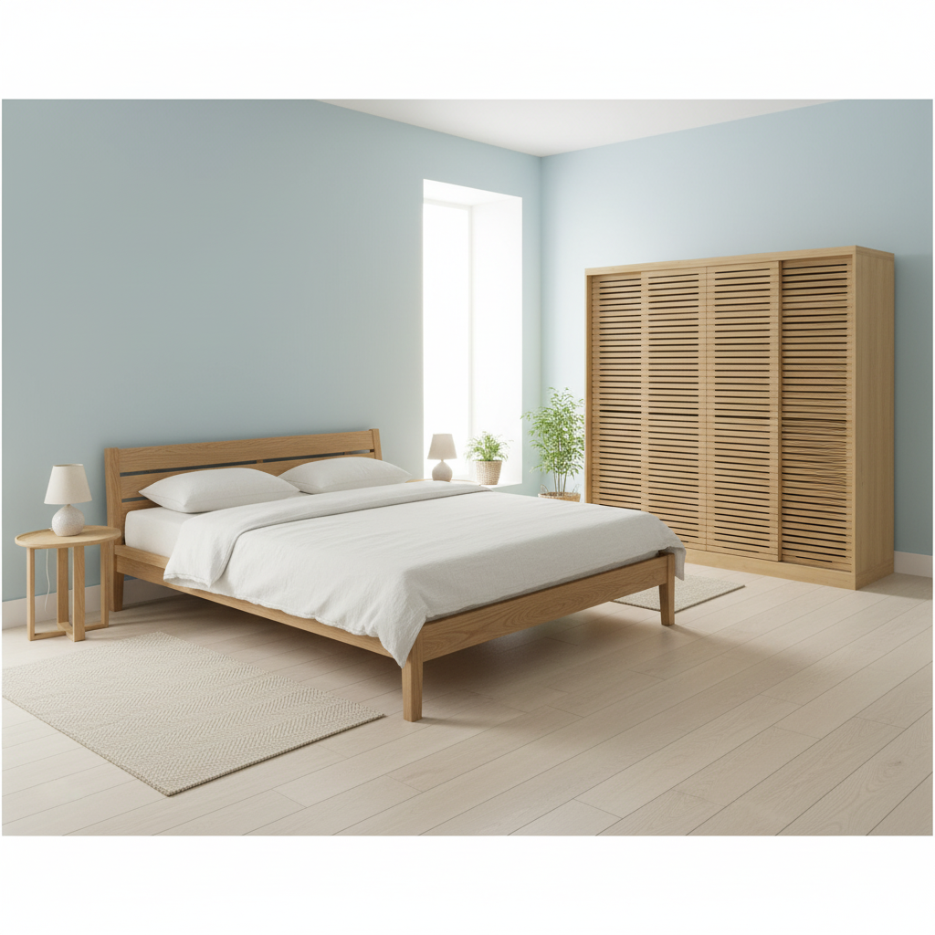 Armoire et lit en bois massif contemporain finition naturelle