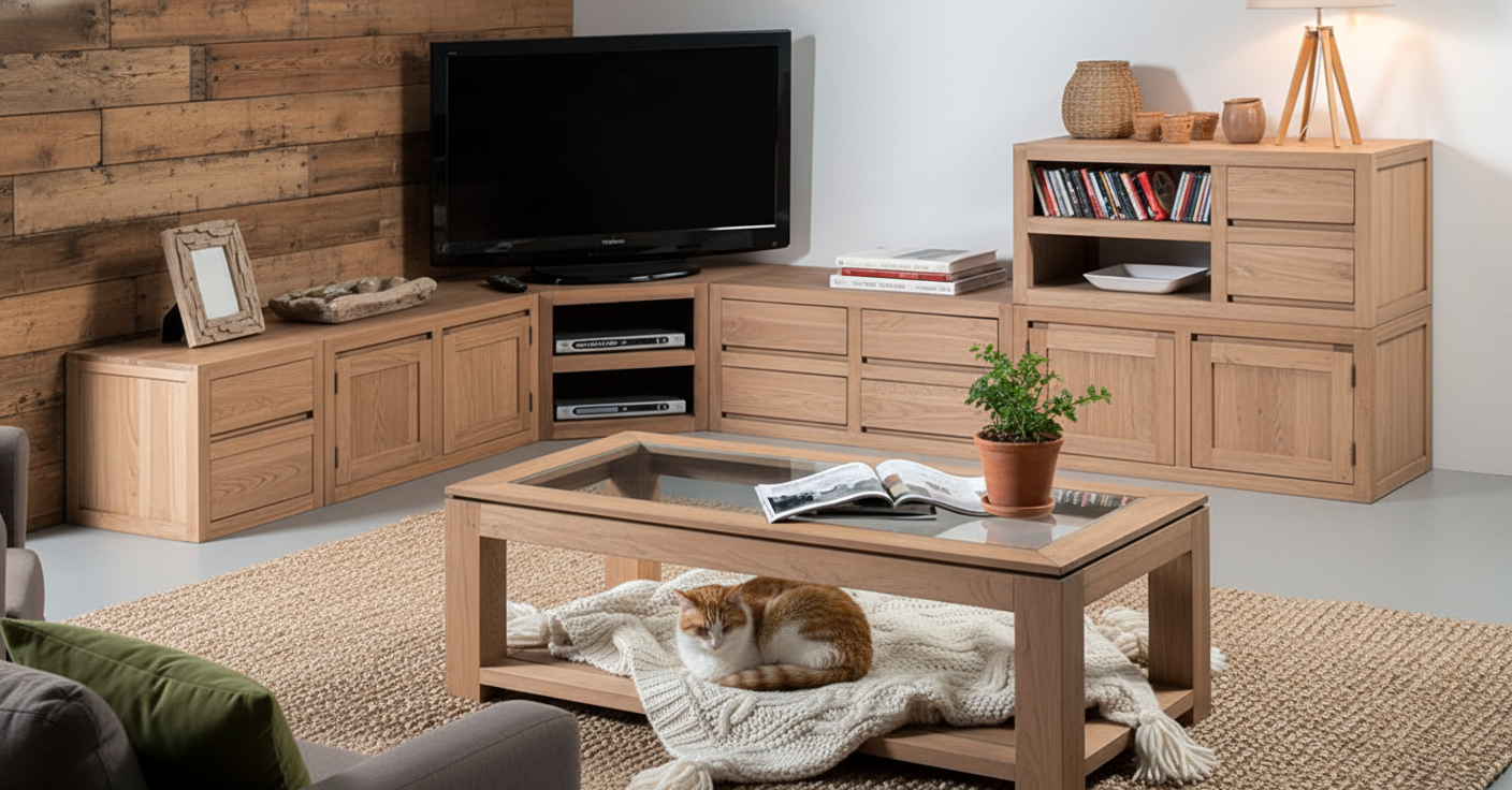 Ensemble de meubles bas modulables pour le salon en hévéa massif