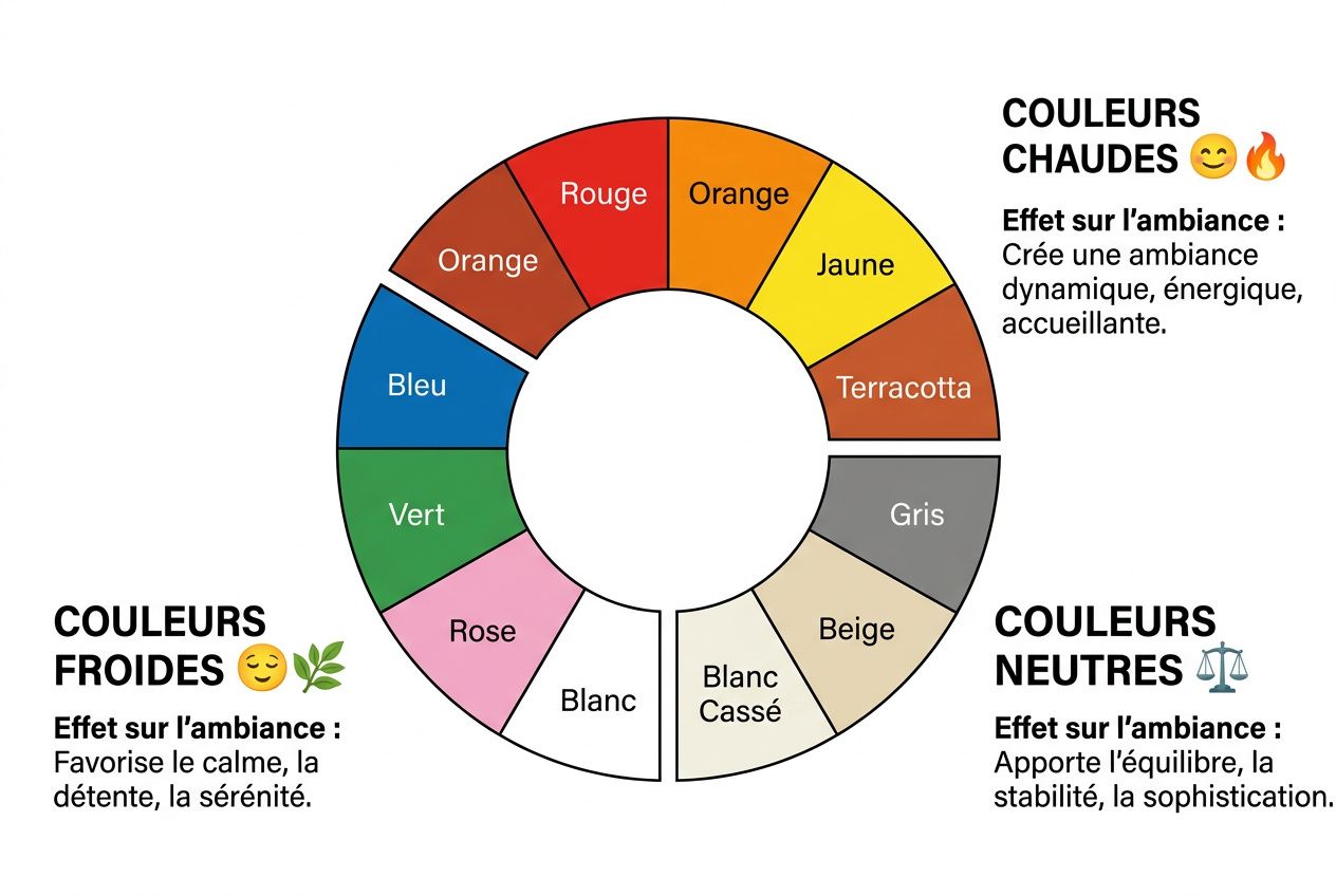 Diagramme circulaire des couleurs de peinture par ambiance: couleurs chaudes, froides et neutres, avec noms de tons (Rouge, Orange, Jaune, Terracotta, Gris, Beige, Blanc Cassé, Blanc, Rose, Vert, Bleu) et leurs effets sur l’atmosphère. Intègre la notion de « comment choisir la couleur des murs de son salon ».