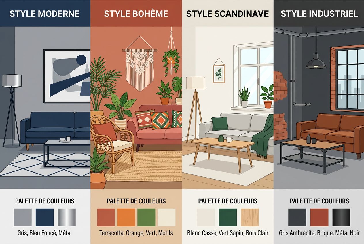 Illustration montrant quatre styles de déco pour salon: Moderne, Bohème, Scandinave, Industriel, chaque panneau avec meubles et palettes de couleurs. Inclut texte vertical STYLE MODERNE, STYLE BOHÈME, STYLE SCANDINAVE, STYLE INDUSTRIEL. Palette de couleurs associée: gris bleuté, terracotta et motifs, crème et vert clair, gris anthracite et noir métallique. Keywords integrated: comment choisir la couleur des murs de son salon.