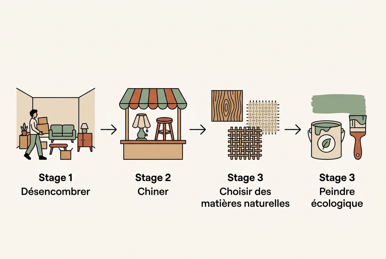 Processus de slow décoration: déballage, pièce et déménagement léger, sélection de matières naturelles et peinture écologique.